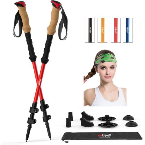  IeGeek ieGeek Trekking Poles with Headband - 2 pc Pack Adjustable Hiking or Walking Sticks - Tough, Lightweight, Collapsible Hiking Poles for All Terrains and Season