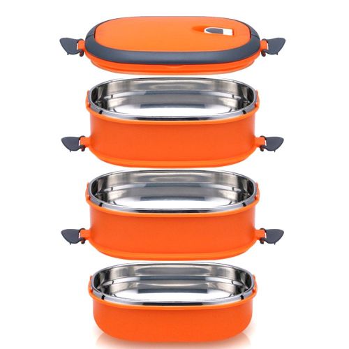  Ieasycan Square 1，2，3-Compartment Stainless Steel Food Container with Lid/Divided Plate/Bento Box/Lunch Tray with Cover, 1-Pack (3 Compartment, orange)