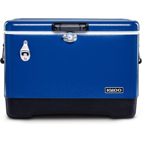  Igloo Ultratherm 54 Quart Modern Steel Legacy Cooler with Soft Grip Handle and Attached Stainless Steel Bottle Opener, Blue