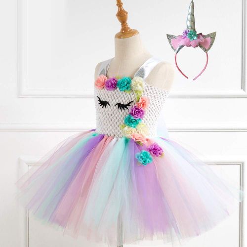  Ihreesy ihreesy Rainbow Ribbon Tutu Skirts with Flowers Unicorn Horn Headband Ballet Tulle Onesie Dress for Little Girls Dress Up Princess Dress Birthday Party Costume Set,10-12 Years Old