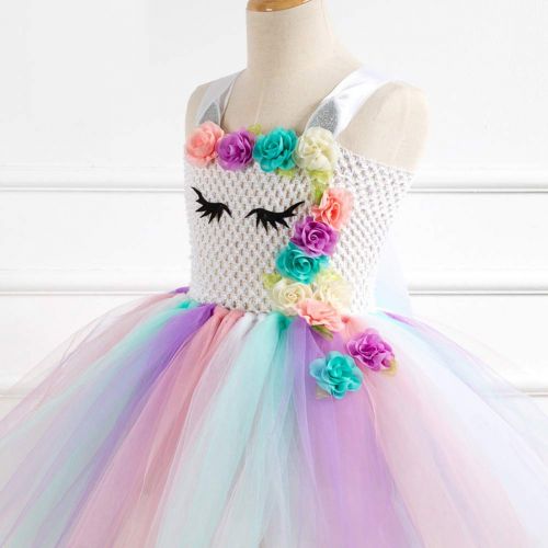  Ihreesy ihreesy Rainbow Ribbon Tutu Skirts with Flowers Unicorn Horn Headband Ballet Tulle Onesie Dress for Little Girls Dress Up Princess Dress Birthday Party Costume Set,10-12 Years Old