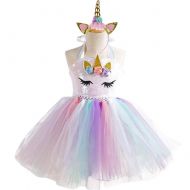 Ihreesy ihreesy Rainbow Ribbon Tutu Skirts with Flowers Unicorn Horn Headband Sequin Glitter Ballet Tulle Onesie Dress for Little Girls Dress Up Princess Dress Birthday Party Costume Set,2