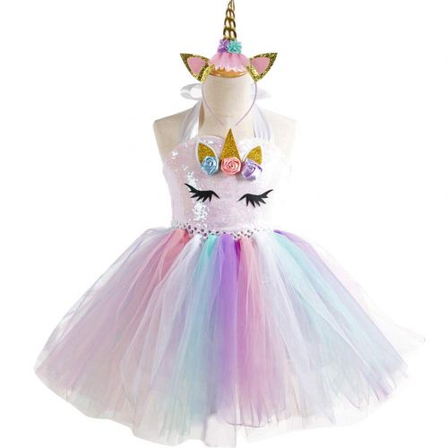  Ihreesy ihreesy Rainbow Ribbon Tutu Skirts with Flowers Unicorn Horn Headband Sequin Glitter Ballet Tulle Onesie Dress for Little Girls Dress Up Princess Dress Birthday Party Costume Set,2