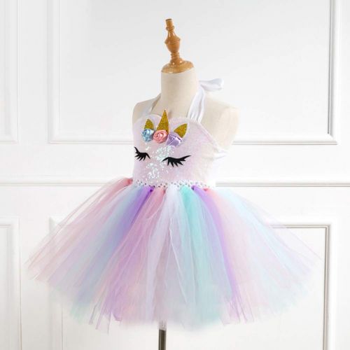  Ihreesy ihreesy Rainbow Ribbon Tutu Skirts with Flowers Unicorn Horn Headband Sequin Glitter Ballet Tulle Onesie Dress for Little Girls Dress Up Princess Dress Birthday Party Costume Set,2