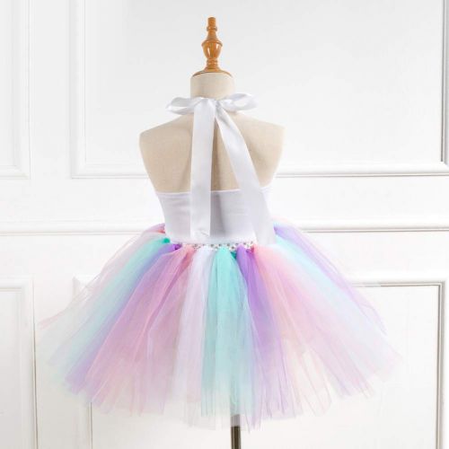  Ihreesy ihreesy Rainbow Ribbon Tutu Skirts with Flowers Unicorn Horn Headband Sequin Glitter Ballet Tulle Onesie Dress for Little Girls Dress Up Princess Dress Birthday Party Costume Set,2