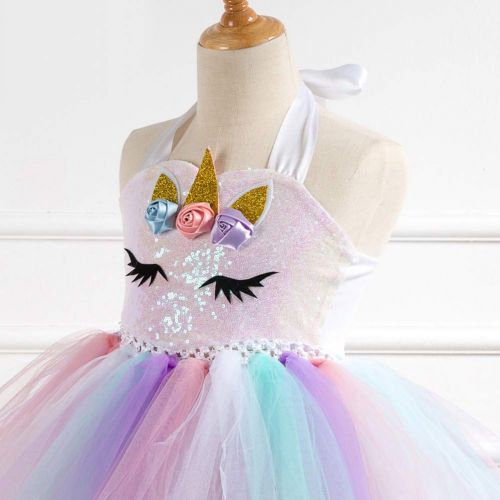  Ihreesy ihreesy Rainbow Ribbon Tutu Skirts with Flowers Unicorn Horn Headband Sequin Glitter Ballet Tulle Onesie Dress for Little Girls Dress Up Princess Dress Birthday Party Costume Set,2