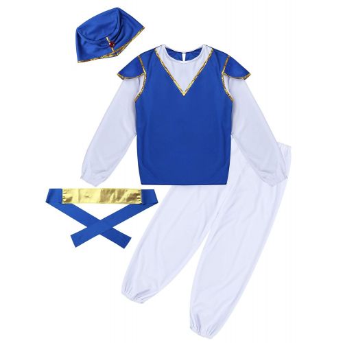  Iiniim iiniim Kids Boys Arabian Prince Costumes Sultan Aladdin Cosplay Costumes Outfit Long Sleeves Shirt Tops with Pants Belt Hat