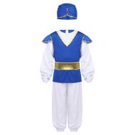 Iiniim iiniim Kids Boys Arabian Prince Costumes Halloween Sultan Cosplay Outfit Long Sleeves Shirt Tops with Pants Belt Hat White&Blue 4-6