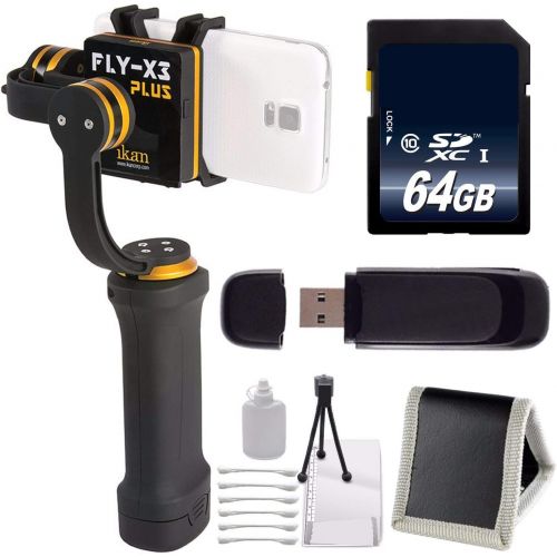  ikan FLY-X3-Plus 3-Axis Smartphone Gimbal Stabilizer with GoPro Mount + 64GB Memory Card + Deluxe Starter Kit Bundle