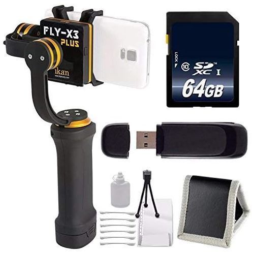  6Ave ikan FLY-X3-Plus 3-Axis Smartphone Gimbal Stabilizer with GoPro Mount + 64GB Memory Card + Deluxe Starter Kit Bundle