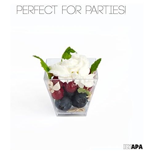  [아마존베스트]Ilyapa 100 Mini Plastic Dessert Cups with Spoons - 2 oz Dessert Shooters for Chocolate Desserts, Appetizers, Dessert Samplers, Dessert Shot Glasses & More