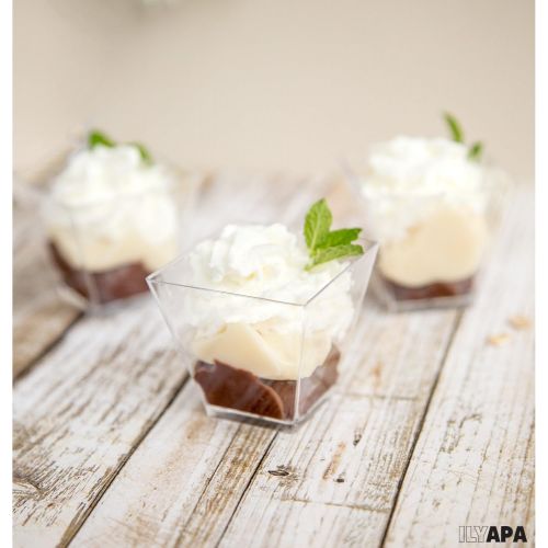  [아마존베스트]Ilyapa 100 Mini Plastic Dessert Cups with Spoons - 2 oz Dessert Shooters for Chocolate Desserts, Appetizers, Dessert Samplers, Dessert Shot Glasses & More