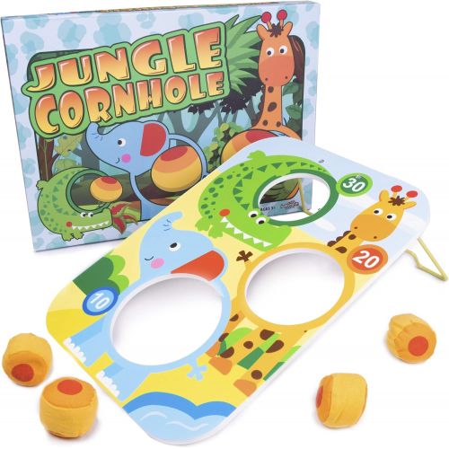  [아마존베스트]Jungle Cornhole Bean Bag Tossing Game | Classic Childrens Zoo Animal Toss Across Set for Indoor or Outdoor Play | Teach Kids Counting and Gross Motor Skills | Includes Board and 4