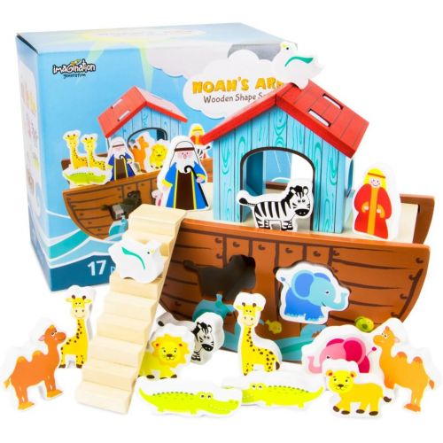  Imagination Generation Noahs Ark Shape Sorter Playset | Biblical Education Toy For Kids | Includes 7 Animal Pairs: Hippos, Lions, Giraffes, Zebras, Elephants, and More | Improves Problem Solving and Fine