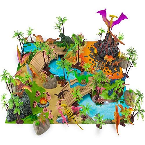  Imagination Generation Prehistoric Playset, 100 Pieces - Jurassic Dinosaurs and Cave Men - Mini Dino Figure Bundle Kit with Play Mat, Storage Container, Volcano, Bridges, Plants & Educational Booklet - T