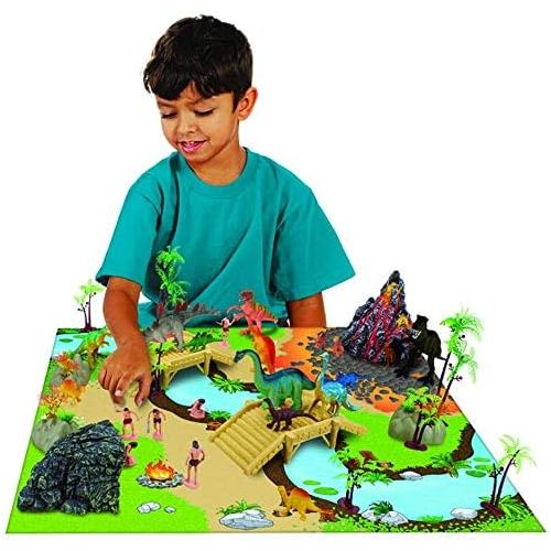  Imagination Generation Prehistoric Playset, 100 Pieces - Jurassic Dinosaurs and Cave Men - Mini Dino Figure Bundle Kit with Play Mat, Storage Container, Volcano, Bridges, Plants & Educational Booklet - T