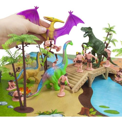  Imagination Generation Prehistoric Playset, 100 Pieces - Jurassic Dinosaurs and Cave Men - Mini Dino Figure Bundle Kit with Play Mat, Storage Container, Volcano, Bridges, Plants & Educational Booklet - T