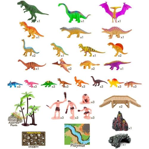  Imagination Generation Prehistoric Playset, 100 Pieces - Jurassic Dinosaurs and Cave Men - Mini Dino Figure Bundle Kit with Play Mat, Storage Container, Volcano, Bridges, Plants & Educational Booklet - T