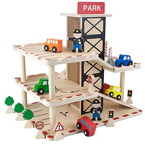  Imagination Generation Downtown Deluxe Wooden Parking Garage Ramp & Service Station Playset with Elevator, Signs & Accessories for Mini Toy Cars (19 pcs)