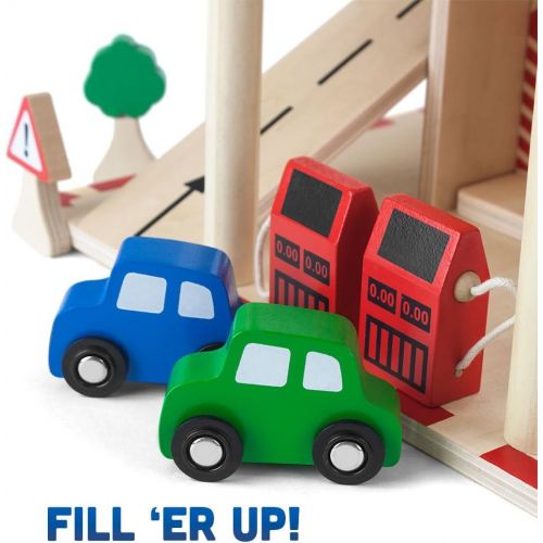  Imagination Generation Downtown Deluxe Wooden Parking Garage Ramp & Service Station Playset with Elevator, Signs & Accessories for Mini Toy Cars (19 pcs)