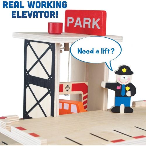  Imagination Generation Downtown Deluxe Wooden Parking Garage Ramp & Service Station Playset with Elevator, Signs & Accessories for Mini Toy Cars (19 pcs)