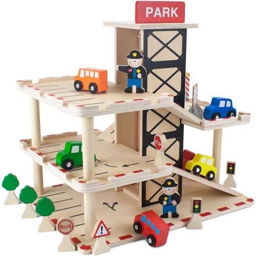  Imagination Generation Downtown Deluxe Wooden Parking Garage Ramp & Service Station Playset with Elevator, Signs & Accessories for Mini Toy Cars (19 pcs)