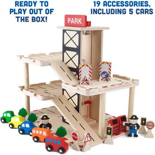  Imagination Generation Downtown Deluxe Wooden Parking Garage Ramp & Service Station Playset with Elevator, Signs & Accessories for Mini Toy Cars (19 pcs)