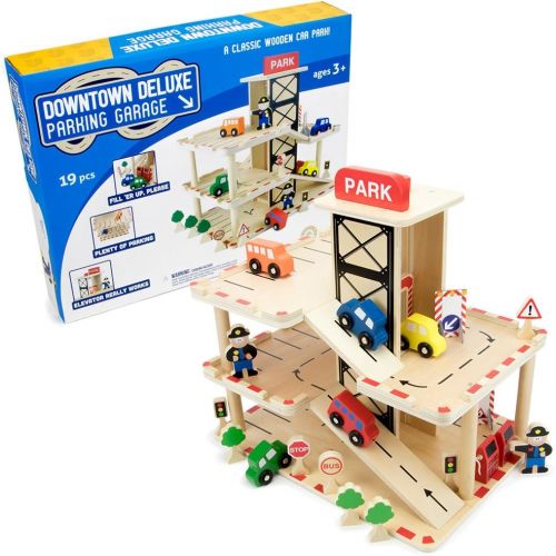  Imagination Generation Downtown Deluxe Wooden Parking Garage Ramp & Service Station Playset with Elevator, Signs & Accessories for Mini Toy Cars (19 pcs)