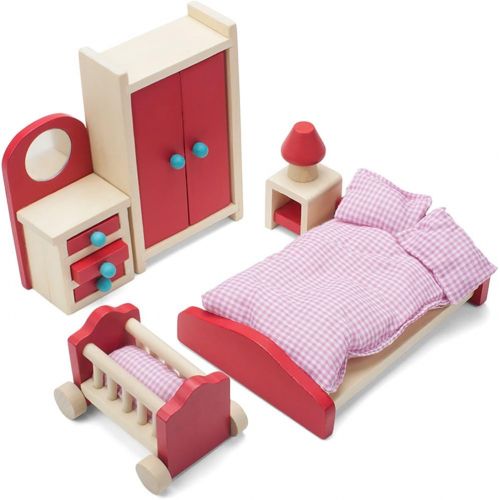  Imagination Generation Cozy Family Master Bedroom Accessories Childrens Playset Wooden Wonders Premium, Colorful Dollhouse Furniture for 4-inch Toy Dolls Includes Dresser with Mirror, Wardrobe, Nightstan