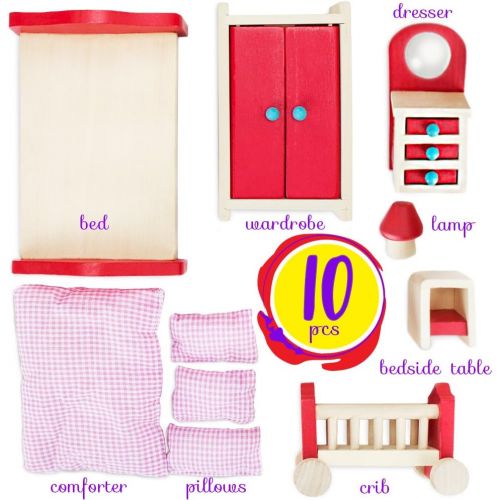  Imagination Generation Cozy Family Master Bedroom Accessories Childrens Playset Wooden Wonders Premium, Colorful Dollhouse Furniture for 4-inch Toy Dolls Includes Dresser with Mirror, Wardrobe, Nightstan