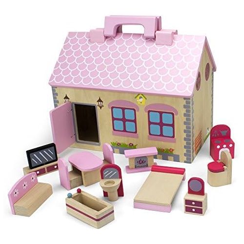  Wooden Wonders Take-Along Country Cottage Folding Dollhouse with 13 Pieces of Furniture by Imagination Generation