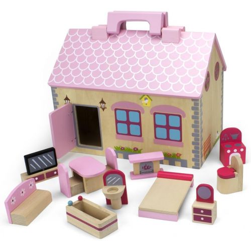  Wooden Wonders Take-Along Country Cottage Folding Dollhouse with 13 Pieces of Furniture by Imagination Generation