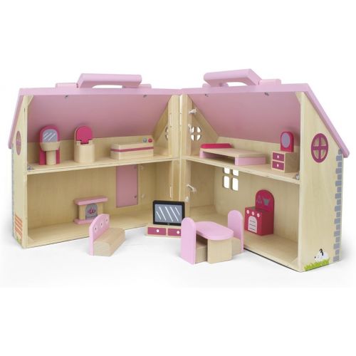  Wooden Wonders Take-Along Country Cottage Folding Dollhouse with 13 Pieces of Furniture by Imagination Generation