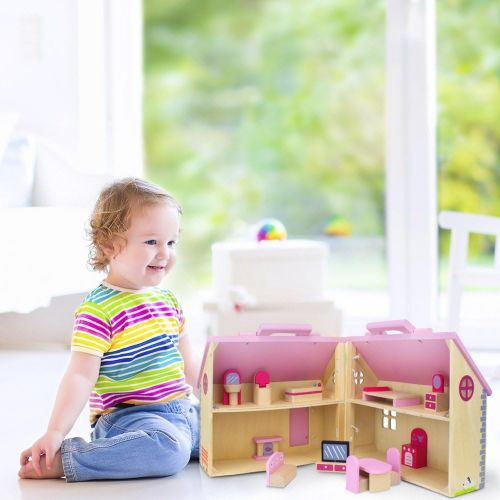  Wooden Wonders Take-Along Country Cottage Folding Dollhouse with 13 Pieces of Furniture by Imagination Generation