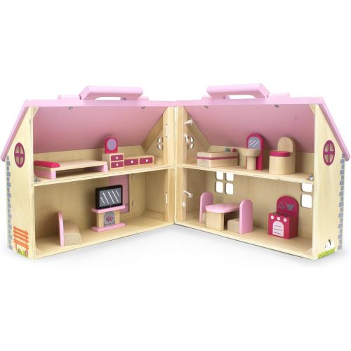  Wooden Wonders Take-Along Country Cottage Folding Dollhouse with 13 Pieces of Furniture by Imagination Generation