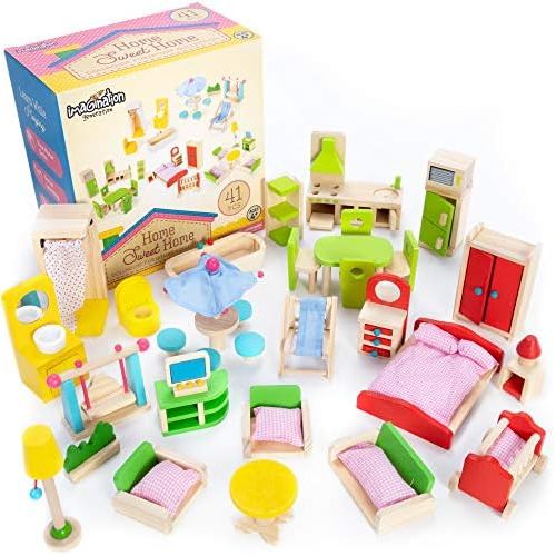  The Fully Furnished Bundle: 5 Sets of Colorful Wooden Dollhouse Furniture (41 Pieces) by Imagination Generation