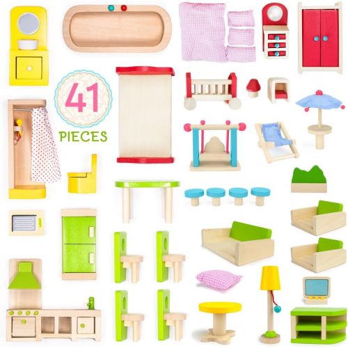  The Fully Furnished Bundle: 5 Sets of Colorful Wooden Dollhouse Furniture (41 Pieces) by Imagination Generation