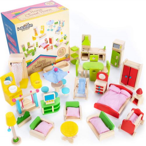  The Fully Furnished Bundle: 5 Sets of Colorful Wooden Dollhouse Furniture (41 Pieces) by Imagination Generation