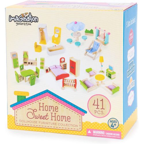  The Fully Furnished Bundle: 5 Sets of Colorful Wooden Dollhouse Furniture (41 Pieces) by Imagination Generation