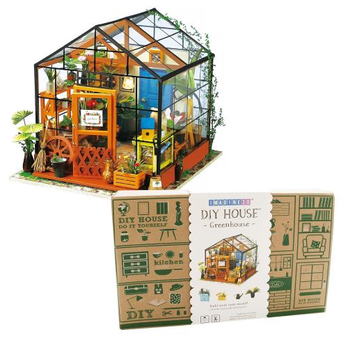  Imagine 3D DIY House Model Kit Greenhouse with LED Light Kit - Miniature Dollhouse Build It Yourself Kit for Hobbyists and Enthusiasts