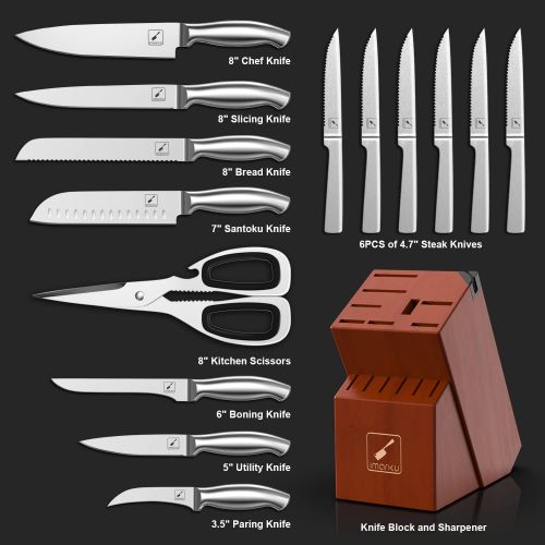  Kitchen Knives Set with Block, imarku 15-Pieces High Carbon German Steel Knife Set, Knife Block Set with Built-in Sharpener, Sliver