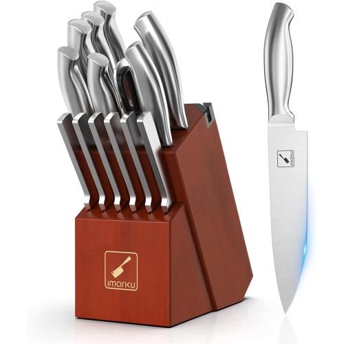  Kitchen Knives Set with Block, imarku 15-Pieces High Carbon German Steel Knife Set, Knife Block Set with Built-in Sharpener, Sliver