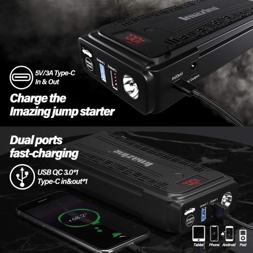  Imazing Portable Car Jump Starter - 2500A Peak 20000mAH (Up to 8L Gas or 8L Diesel Engine) 12V Auto Battery Booster Portable Power Pack with LCD Display Jumper Cables, QC 3.0 and L