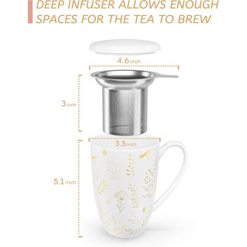  [아마존베스트]immaculife Tea Cup with Infuser and Lid Ceramic Tea Mug with Lid - Teaware with Filter 15oz, Platinum Print