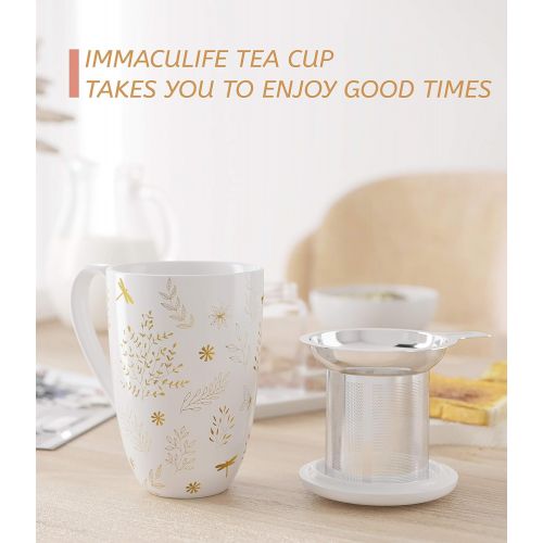  [아마존베스트]immaculife Tea Cup with Infuser and Lid Ceramic Tea Mug with Lid - Teaware with Filter 15oz, Platinum Print