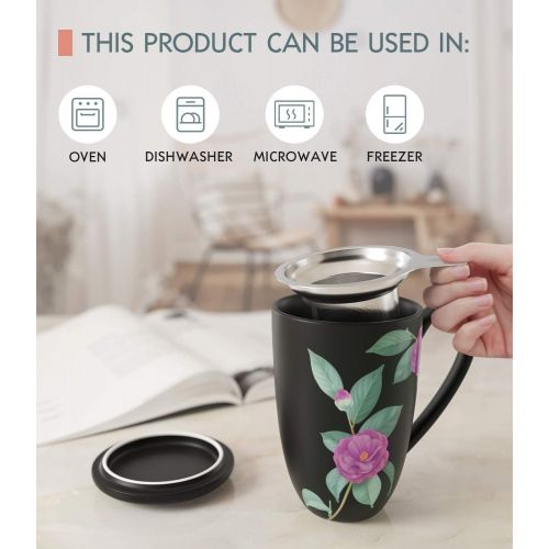  [아마존베스트]immaculife Tea Cup with Infuser and Lid Ceramic Tea Mug with Lid Teaware with Filter 15oz, Black Floral Print