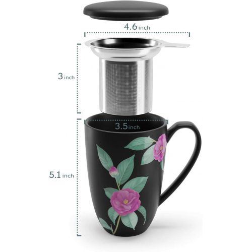  [아마존베스트]immaculife Tea Cup with Infuser and Lid Ceramic Tea Mug with Lid Teaware with Filter 15oz, Black Floral Print