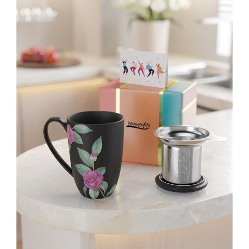  [아마존베스트]immaculife Tea Cup with Infuser and Lid Ceramic Tea Mug with Lid Teaware with Filter 15oz, Black Floral Print