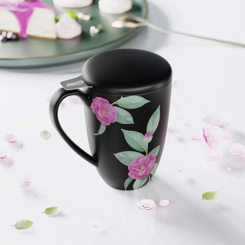  [아마존베스트]immaculife Tea Cup with Infuser and Lid Ceramic Tea Mug with Lid Teaware with Filter 15oz, Black Floral Print