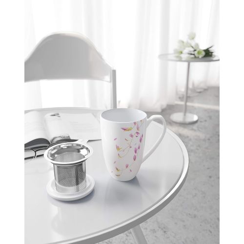  [아마존베스트]immaculife Tea Mug with Infuser and Lid Ceramic Tea Cup with Lid - Teaware with Filter 16oz, White Flower